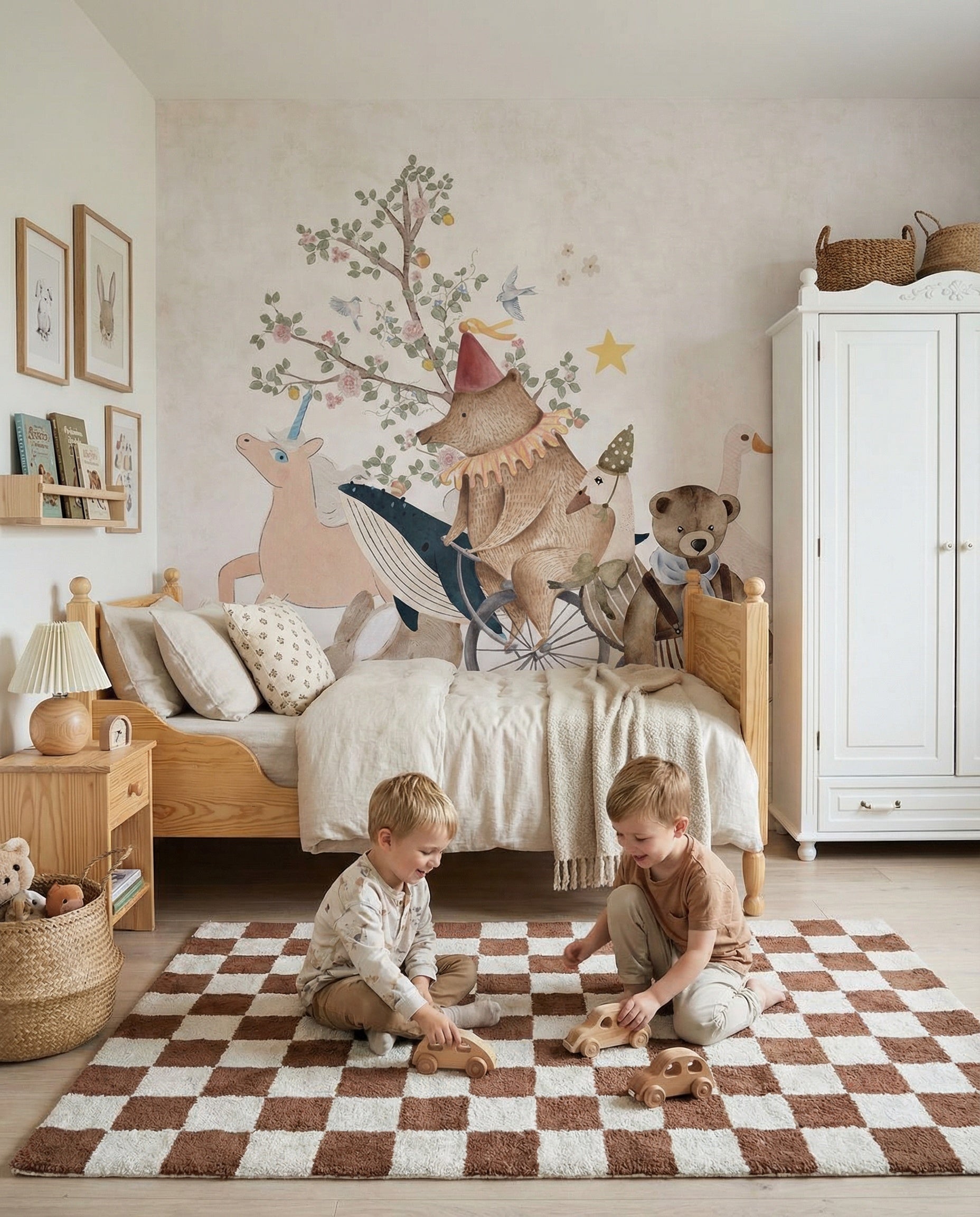 Aranżacja pokoju dziecka z muralem zwierzęta oraz łóżkiem vintage