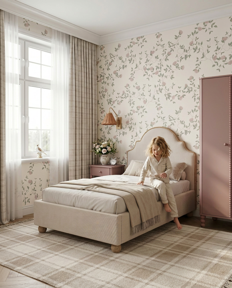 aranżacja pokoju dziewczynki z tapetą w bluszcz i łóżkiem tapicerowanym