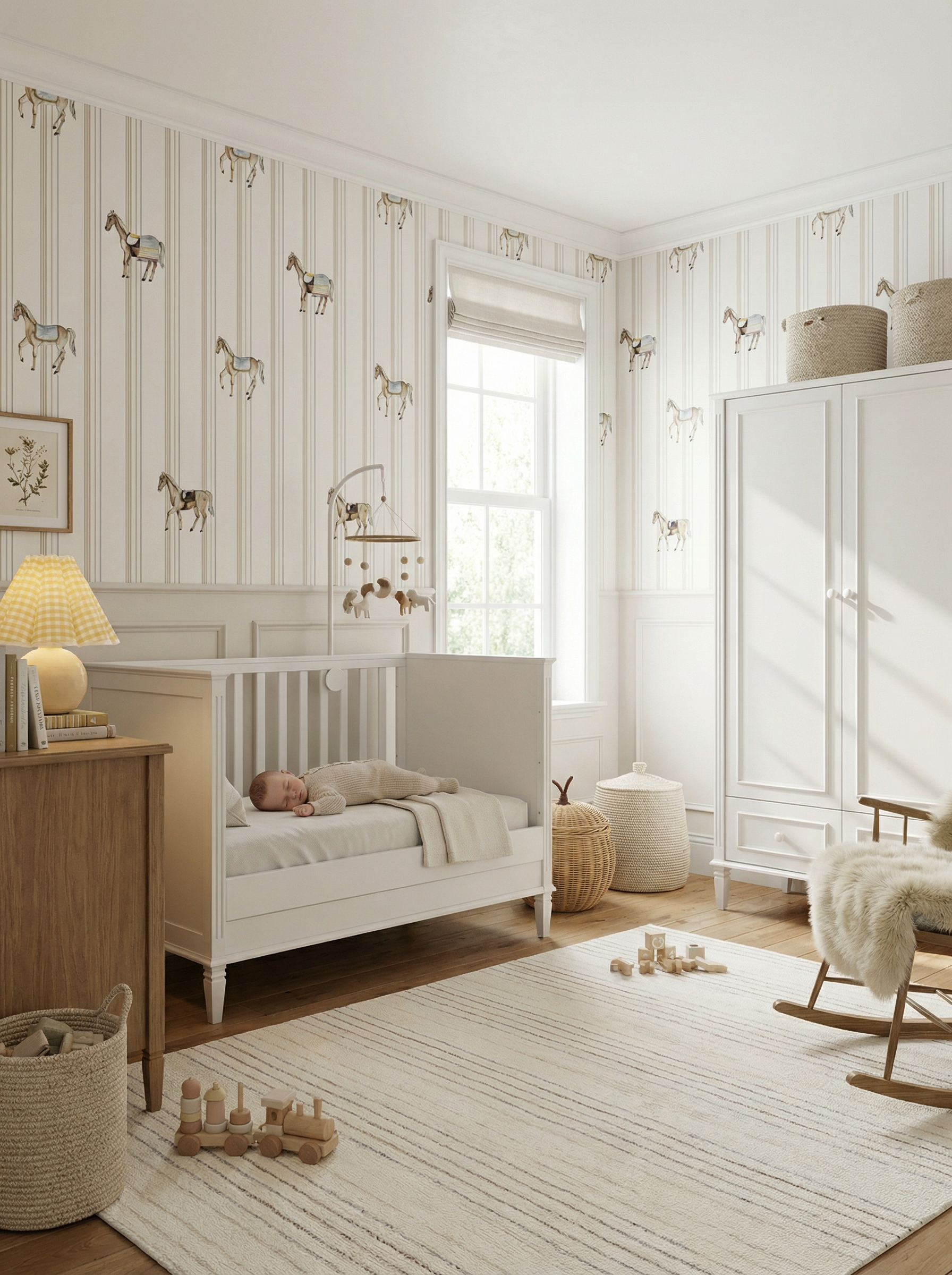 Tapeta w konie na delikatnych paskach – styl old money farmhouse – pokój dziecięcy premium MałyPokoik