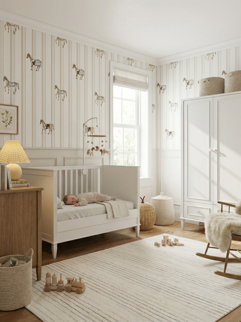 Tapeta w konie na delikatnych paskach – styl old money farmhouse – pokój dziecięcy premium MałyPokoik