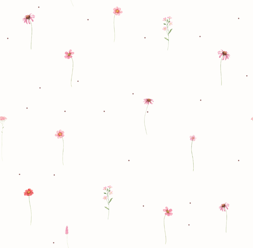 bliżenie na wzór tapety Różowa Łączka na Groszkach — drobne pudrowe kwiatki, pączki i maleńkie groszki na ciepłym białym tle