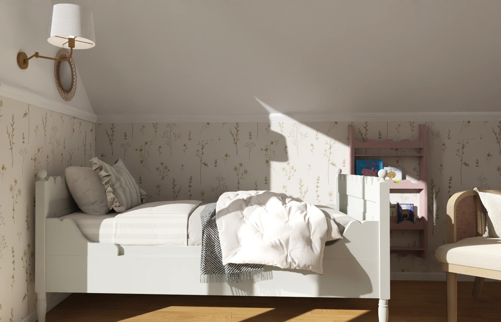 Aranżacja pokoju dziewczynki z tapetą w kwiaty polne 