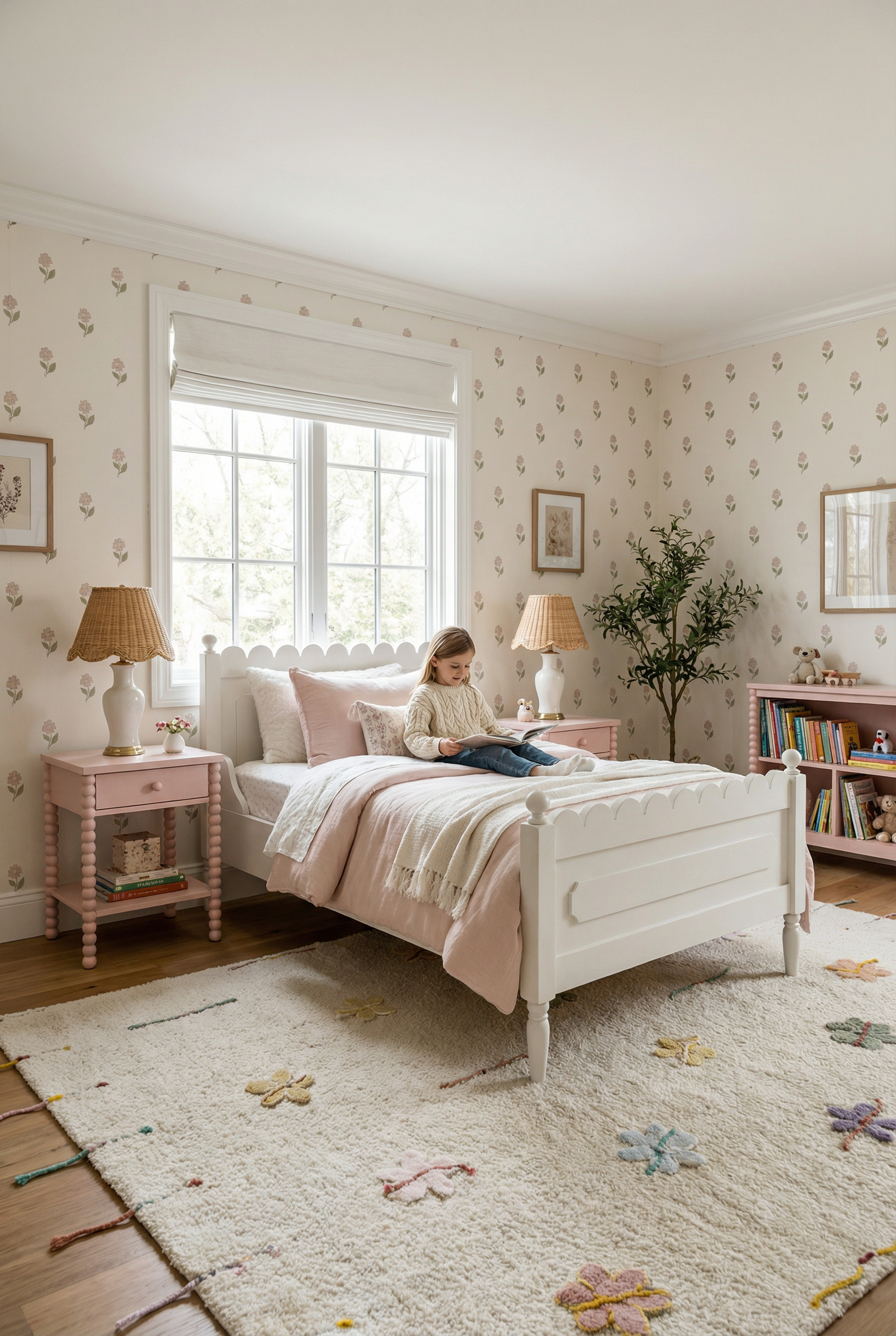 Pokój dziewczynki z tapetą w małe kwiatyszki