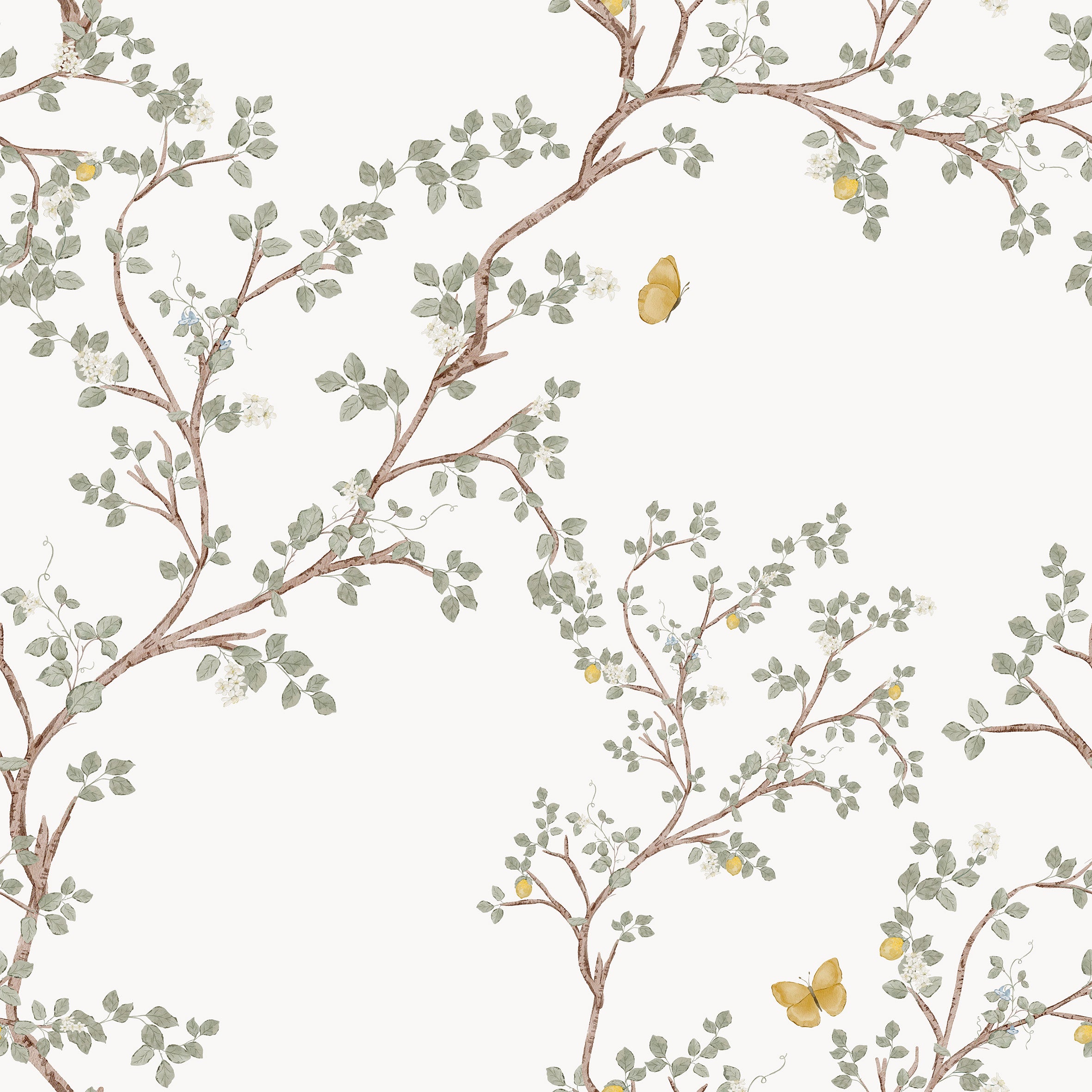 Detal tapety Wśród Drzew – żółte motylki między gałęziami drzew na kremowym tle